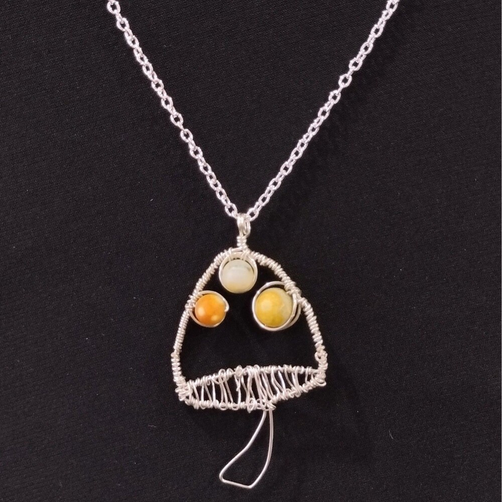 Mushroom Silver wire yellow green stone beads wire wrapped pendant necklace